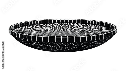 Black and white woven basket flat illustration isolated on white background