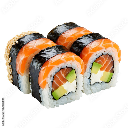 Salmon sushi rolls isolated on transparent background