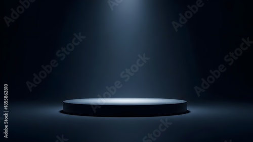 Spotlighted Platform: A minimalist circular platform, dramatically lit by a spotlight, stands alone against a backdrop of dark, suggesting an idea of stage for presentation or showcase.