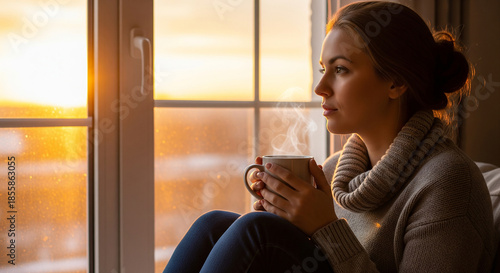 A cozy woman holding a hot cup while looking out a sunset window, perfect for winter comfort banners and relaxation goals