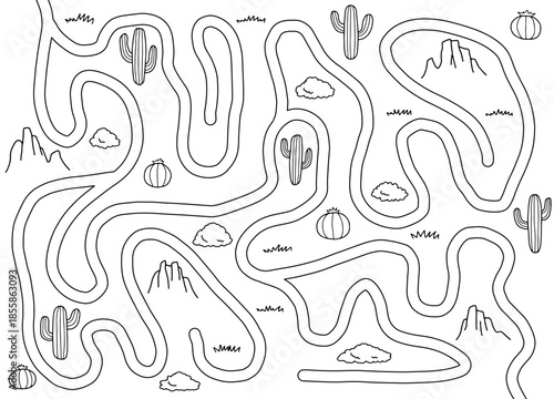 Prairie maze graphic black white wild west desert landscape sketch illustration vector