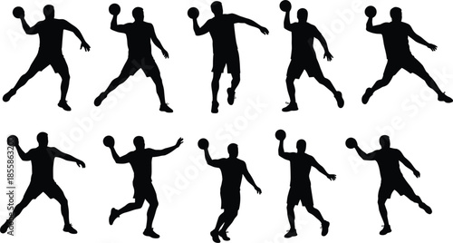 Silhouette Collection Of Handball Players Throwing A Ball sport action