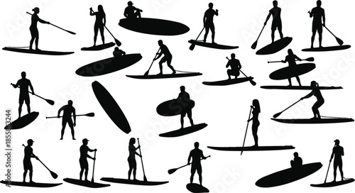 Silhouette collection of people paddleboarding and standing on surfboards Keywords: paddleboarding, stand up paddleboarding, sup