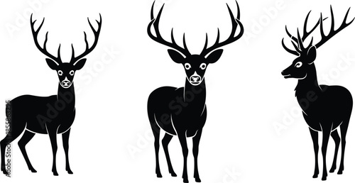 Silhouette collection of three deer with large antlers Keywords: deer, stag, buck, silhouette, animal, wildlife, nature, antlers