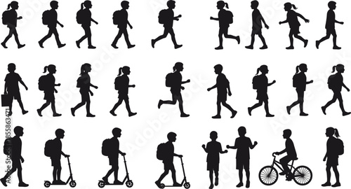 Silhouettes of Children Walking, Running, and Riding Scooters and Bicycle kids