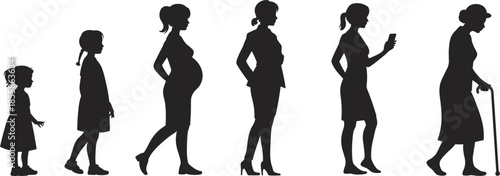 Silhouettes of Woman's Life Stages from Childhood to Old Age on White Background female growth