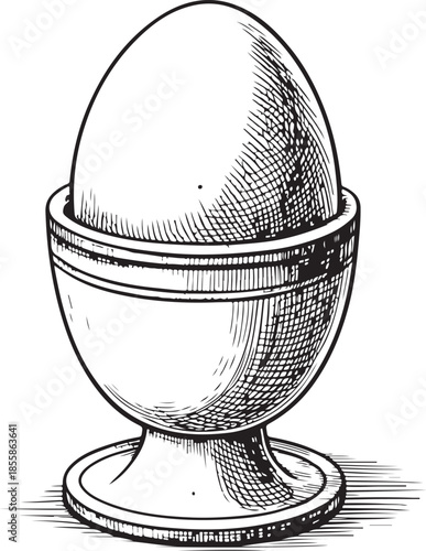 Boiled Egg in Cup Hand-drawn Sketch Drawing Vector Illustration, Line Linear Symbol Engraving Coloring Book, Black and White Isolated