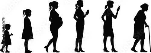 Silhouettes showing female life stages from child to elderly woman girl