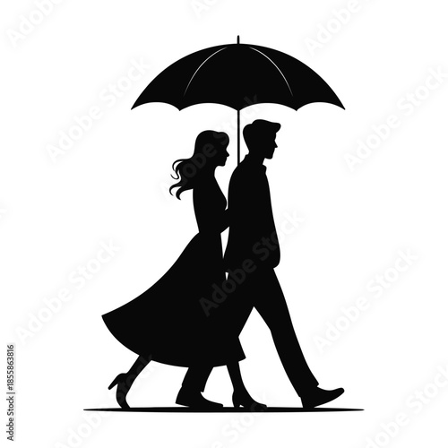 Silhouette of a couple walking side by side under an umbrella, gentle forward motion.