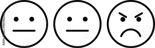 Three black and white emoticon icons showing neutral and angry facial expressions emoji face
