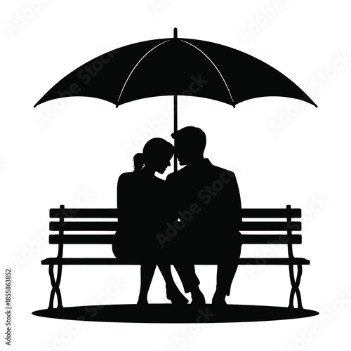 Silhouette of a couple sitting together on a simple bench under an umbrella, calm romantic mood.