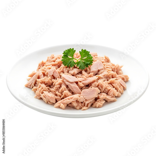 Delicious tuna salad on white plate with parsley garnish