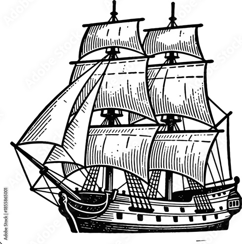 Antique Tall Ship With Full Sails And Multiple Masts Sailing On The Open Ocean In Black And White