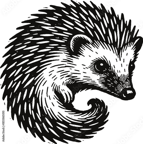 Black and White Engraving Of A Hedgehog Curled Into A Swirl Detailed Spines Cute Wild Animal Portrait