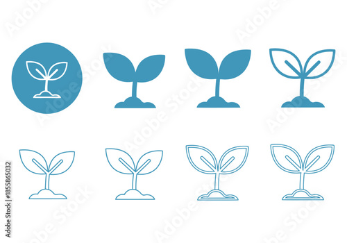 A collection of minimalist plant sprout icons in solid and outline styles for environmental projects