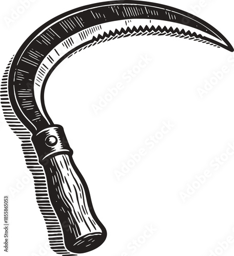 Black And White Illustration Of A Single Sickle With Wooden Handle And Shadow