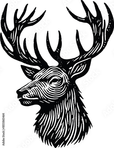 Majestic Stag Head With Antlers Black And White Engraving Style Illustration