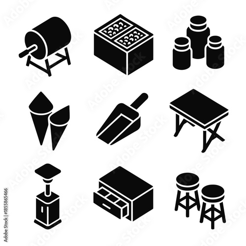 Set of simple black icons representing various food related objects