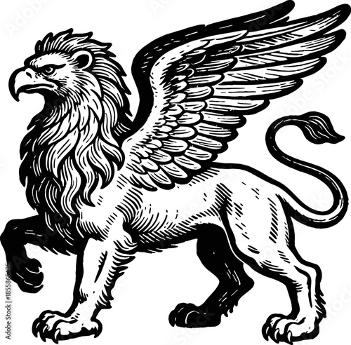 Mythical Griffin Creature With Eagle Head and Lion Body Detailed Woodcut Illustration