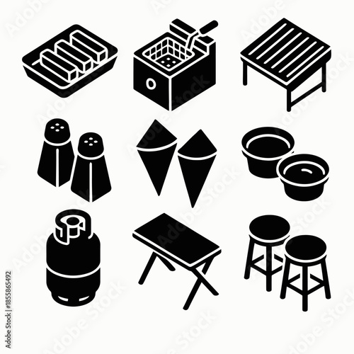 Kitchen equipment icons: grill, fryer, salt shaker, table, stools