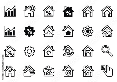 Black and white line art icons for real estate, home investment, property search, and financial planning