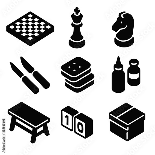 Chess and everyday icons: pieces, tools, and objects in monochrome silhouettes