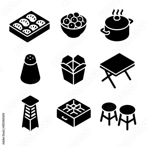 Collection of kitchen and food related icons in black and white design