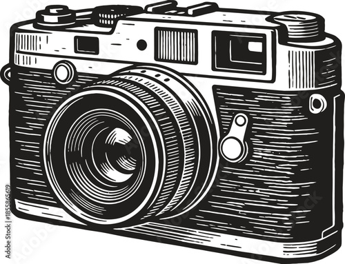 Vintage Black And White Film Camera Detailed Close Up With Manual Lens And Shutter Button