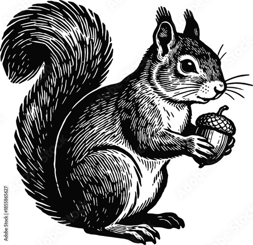 Vintage Black And White Illustration Of A Squirrel Holding An Acorn Isolated On White Background