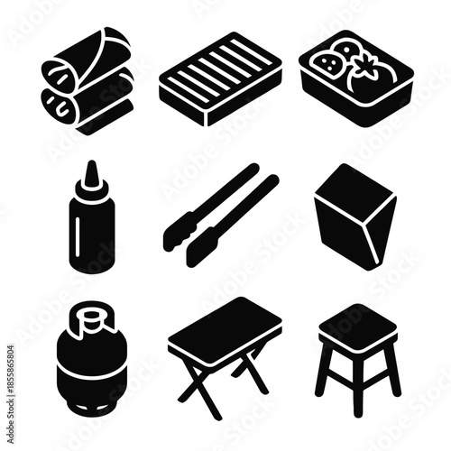 Grilling and cooking icons: utensils, tools, and food items in bold black silhouette