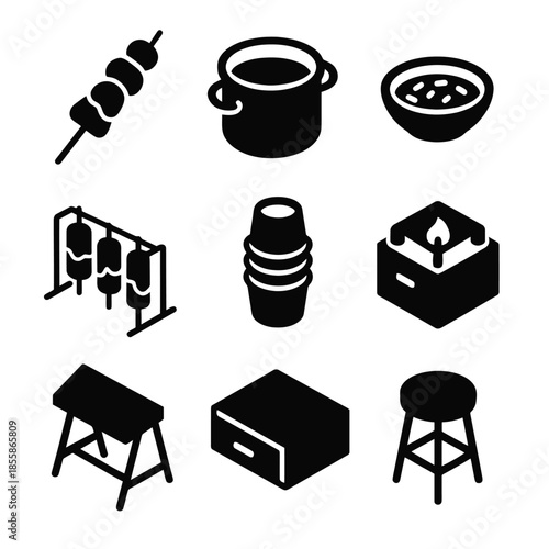 Black silhouette icons of cooking, furniture, and playground elements