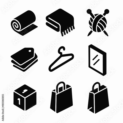 Set of black silhouette icons: textile, fashion, and shopping items