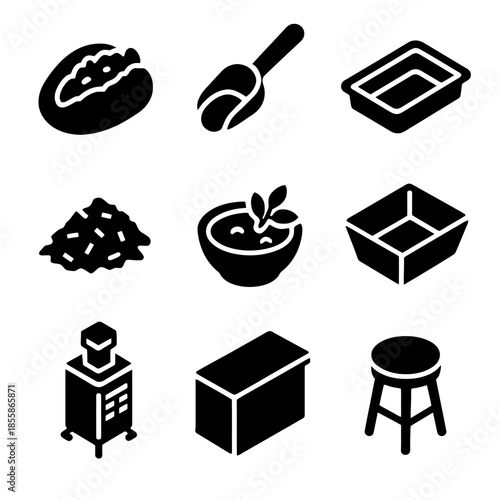 Kitchen utensils and cooking tools icon set in black and white