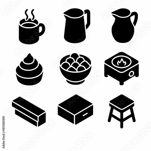 Silhouette icons of kitchenware and food items in black and white design