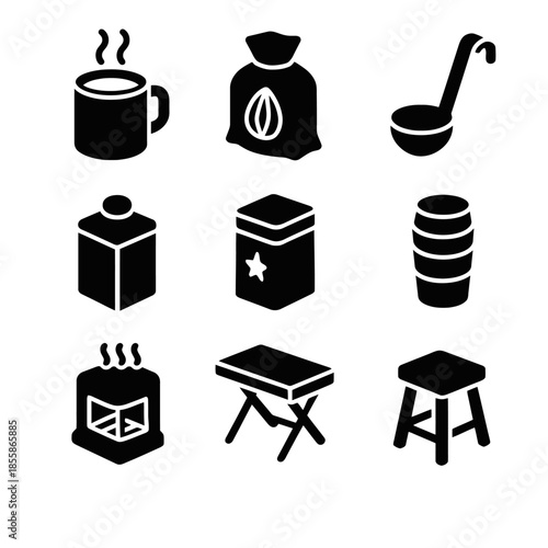Collection of kitchen and dining icons: cup, bag, ladle, jars, barrel, oven, table, stool