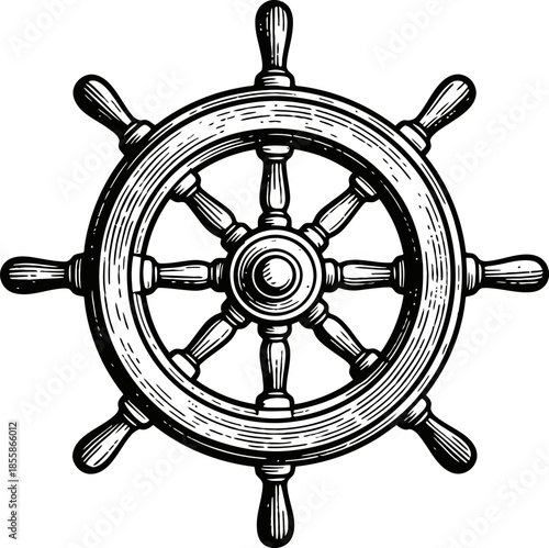 Vintage Wooden Ship Steering Wheel Nautical Control Object Black and White Illustration
