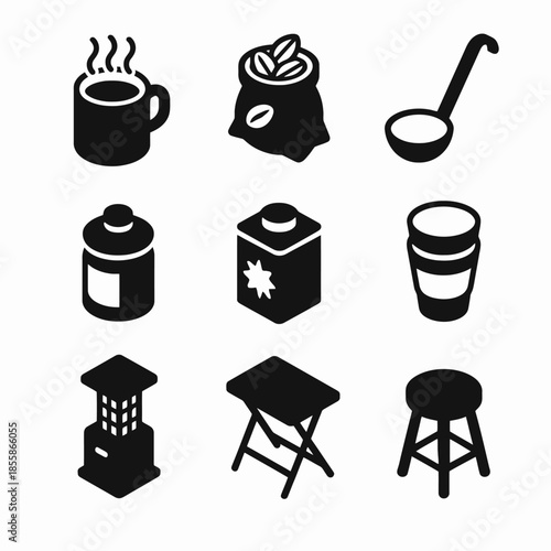 Set of kitchen and coffee icons featuring mugs and cooking utensils