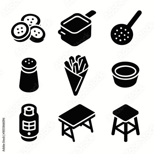 Black and white icons of kitchen items and furniture