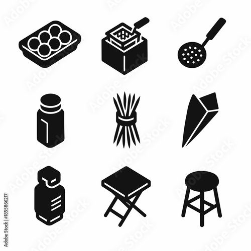 Collection of cooking and kitchen utensil icons in black silhouette style