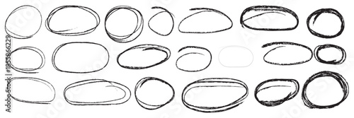 Handdrawn doodle grunge circle highlights. Charcoal pen round ovals. Marker scratch scribble inrounder. Round scrawl frames. Vector illustration of freehand painted circular note