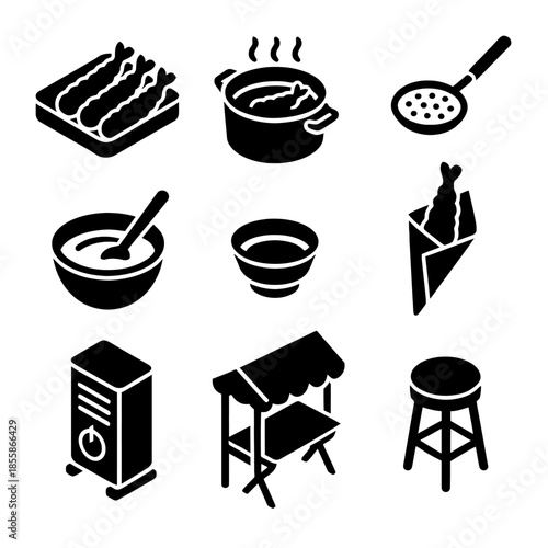 Black and white cooking icons: tempura, fryer, kitchen utensils, and furniture