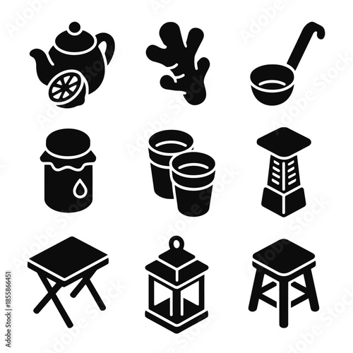 Tea set elements: teapot, ginger, ladle, jar, cups, hat, table, lantern, stool icons