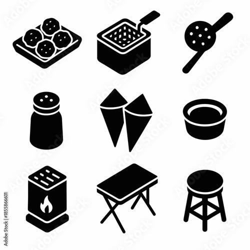 Black and white icons of cooking tools and furniture