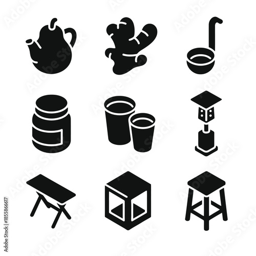 Black silhouette icons of kitchenware, furniture, and objects on white background