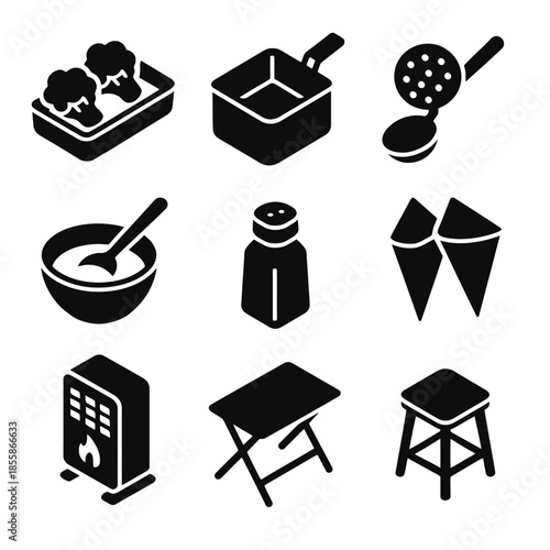Black and white kitchen utensils and furniture icon set
