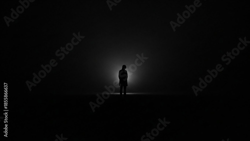 Silhouette of a person standing alone on stage under a spotlight in a dark, empty