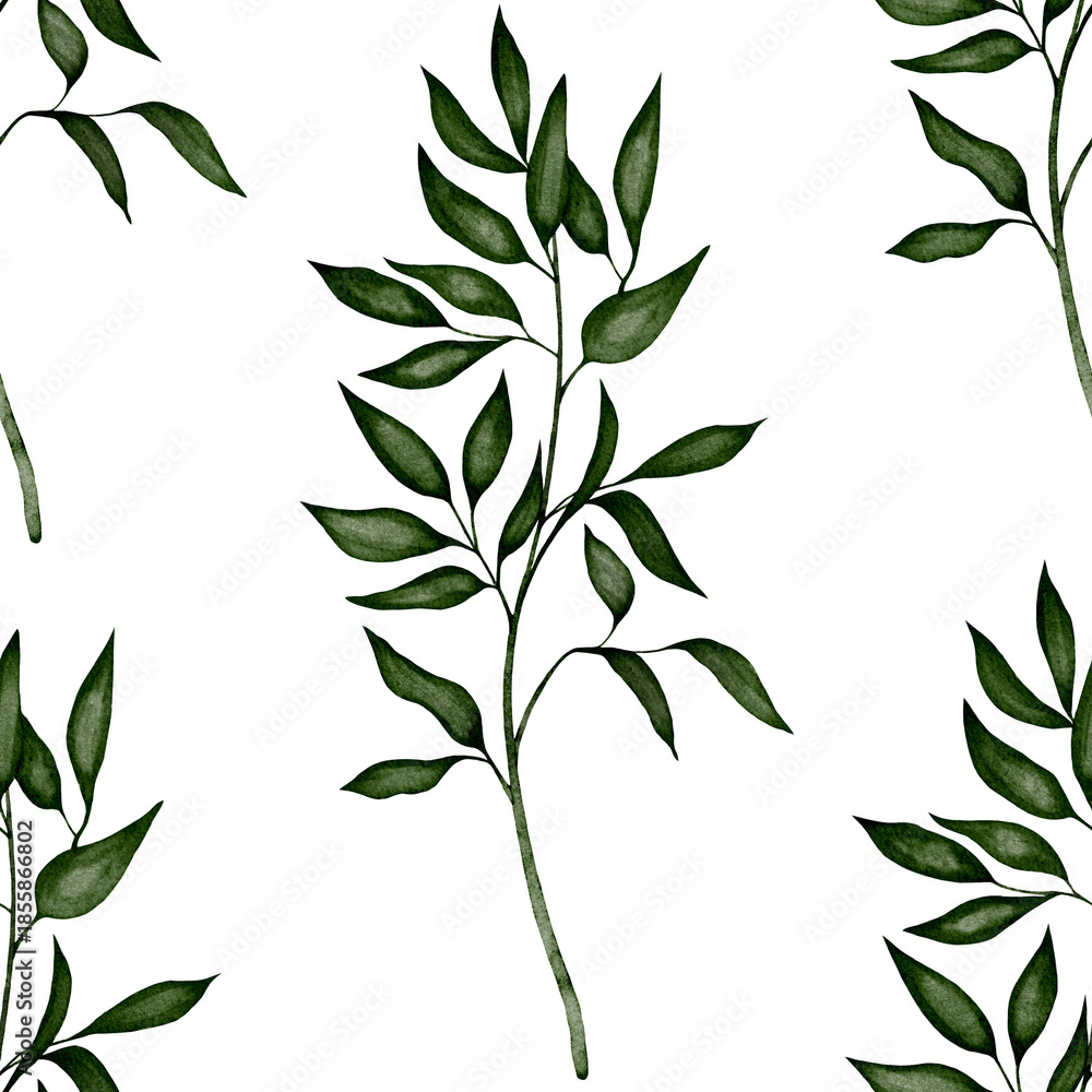 Fototapeta premium Seamless watercolor pattern with green leafy branches on a white background. Perfect for eco packaging, fabric design, wedding decor, invitations, natural cosmetics labels, and botanical projects.