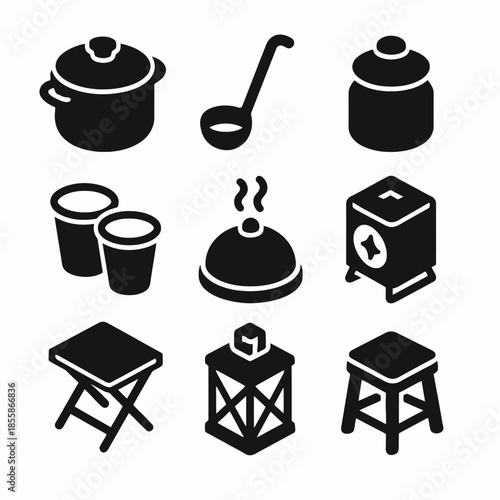 Black silhouette kitchen utensils and furniture icons set