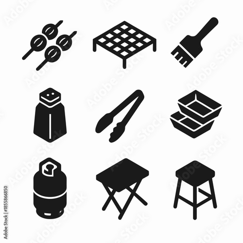 Bbq icons: grill, skewers, table, brush, salt, tongs, basket, stove, stool