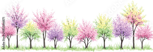 Set of Identical Vector Deciduous Trees with Lush Green Foliage, Perfect for Digital Asset Use in Landscape and Architectural Renderings.